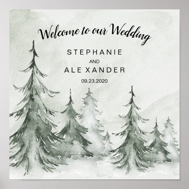 Watercolor Fir Träd Winter Wedding Poster (Framsidan)
