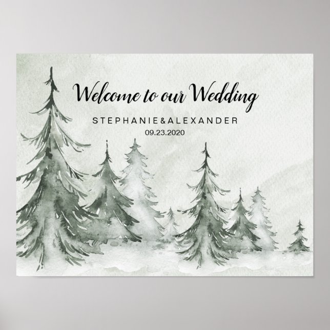 Watercolor Fir Träd Winter Wedding Poster (Framsidan)