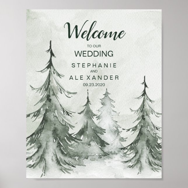 Watercolor Fir Träd Winter Wedding Poster (Framsidan)