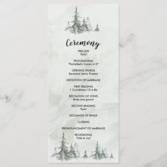 Watercolor Fir Träd Winter Wedding Program (Framsida)