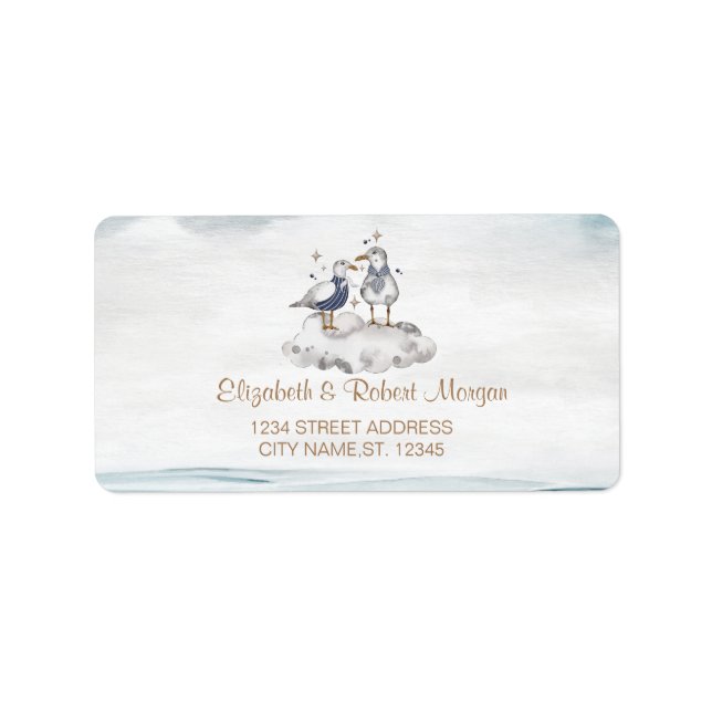 Watercolor Fiskmåsar Beach Wedding Adressetikett (Framsidan)
