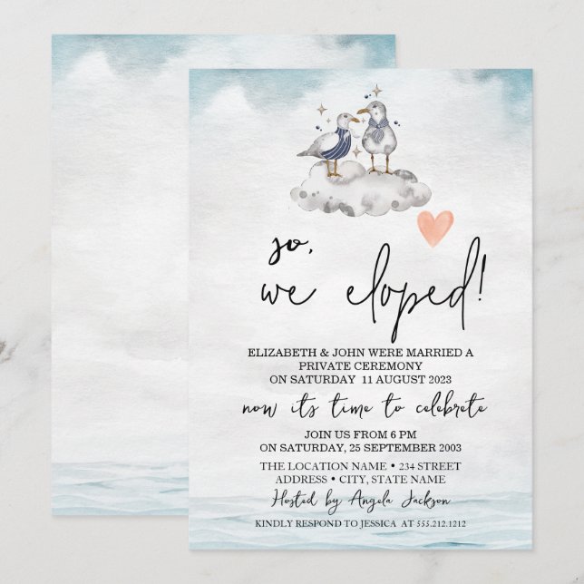 Watercolor Fiskmåsar Beach Wedding Elopement Inbjudningar (Fram/baksida)
