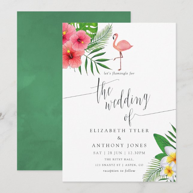 Watercolor Flamingo Aloha Luau Beach Wedding Inbjudningar (Fram/baksida)