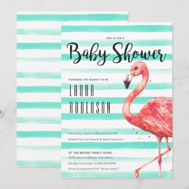 Watercolor Flamingo Mint Rand | Babyskor Inbjudningar (Fram/baksida)