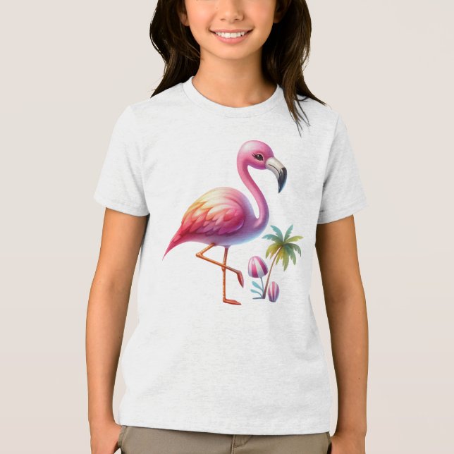 Watercolor Flamingo Tecknad Clipart T Shirt (Framsida)