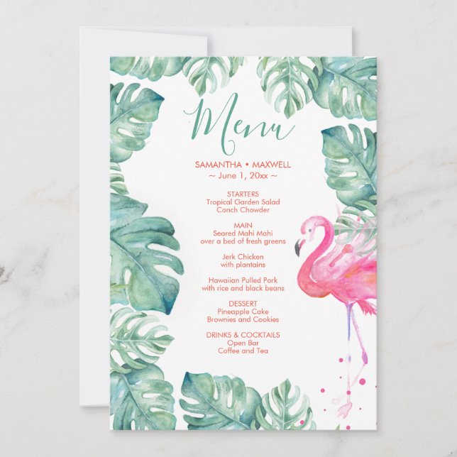 Watercolor Flamingo Tropical Menu Inbjudningar (Framsida)