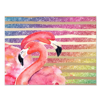 Watercolor Flamingos Glitter Guld Rand Fototryck