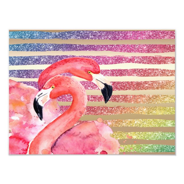 Watercolor Flamingos Glitter Guld Rand Fototryck (Framsidan)