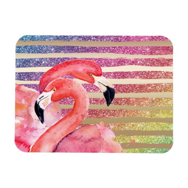 Watercolor Flamingos Glitter Guld Rand Magnet (Horisontell)