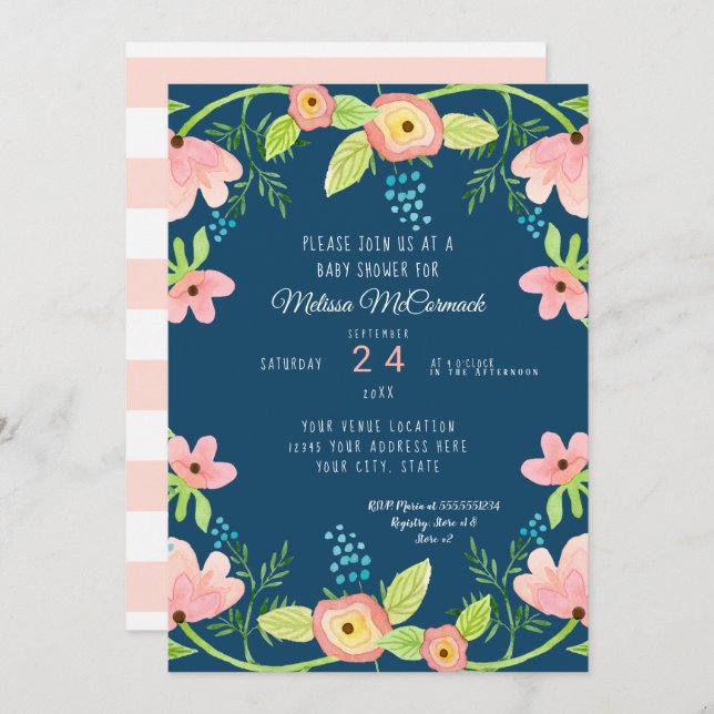 Watercolor Flicka Shower Modern BOHO Blommigt Art Inbjudningar (Fram/baksida)