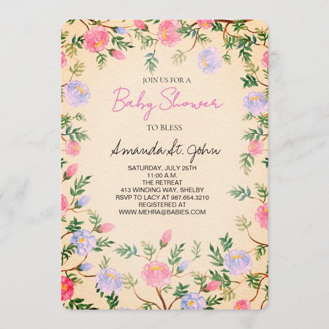 Watercolor Floral Baby Shower Invitation Inbjudningar (Framsida)