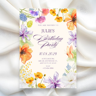 Watercolor floral birthday  inbjudningar
