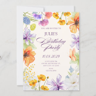 Watercolor floral birthday  inbjudningar