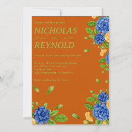 Watercolor Floral Blue & Burnt Orange Wedding Inbjudningar