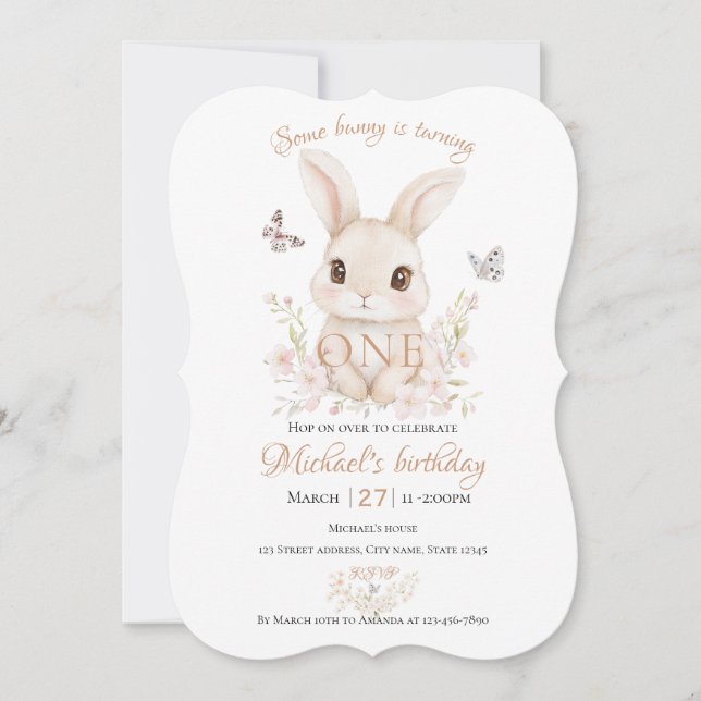 Watercolor Floral Bunny Girl First Birthday Invite Inbjudningar (Framsida)