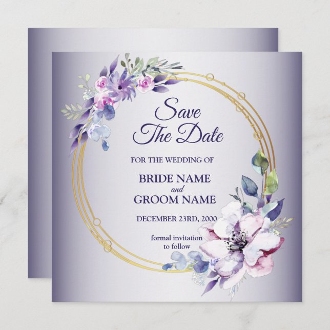 Watercolor Floral Golden Geometric Purple Wedding Spara Datumet (Fram/baksida)