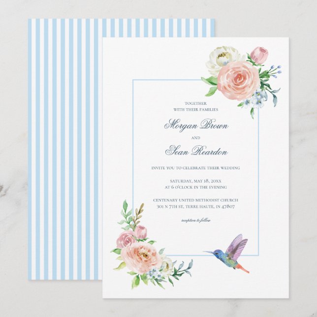 Watercolor Floral Hummingbird Seersucker Wedding Inbjudningar (Fram/baksida)
