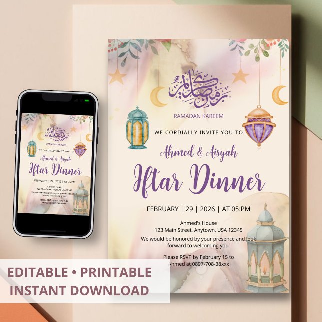 Watercolor Floral Lanterns Iftar Invitation Inbjudningar (Skapare uppladdad)