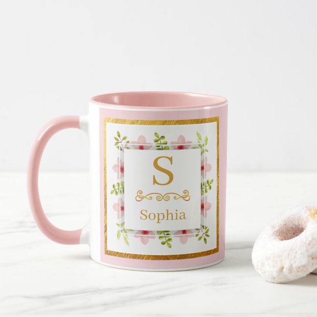 Watercolor Floral Monogram I Custom Gold Initial Mugg (Med munk)