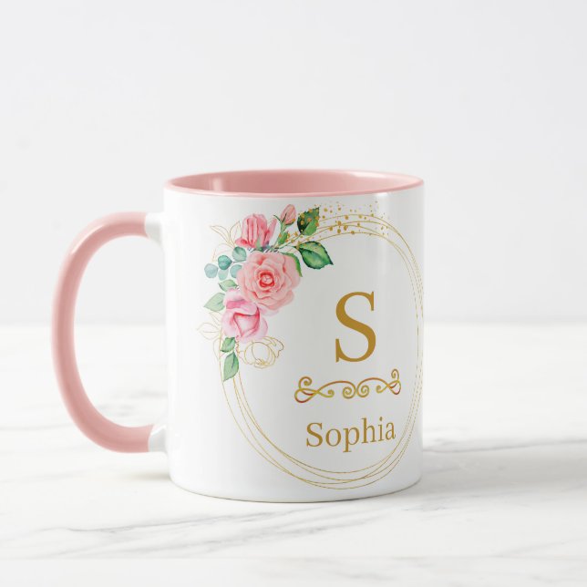 Watercolor Floral Monogram I Custom Gold Initial Mugg (Vänster)