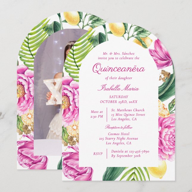 Watercolor Floral Peonies Custom Photo Quinceañera Inbjudningar (Fram/baksida)