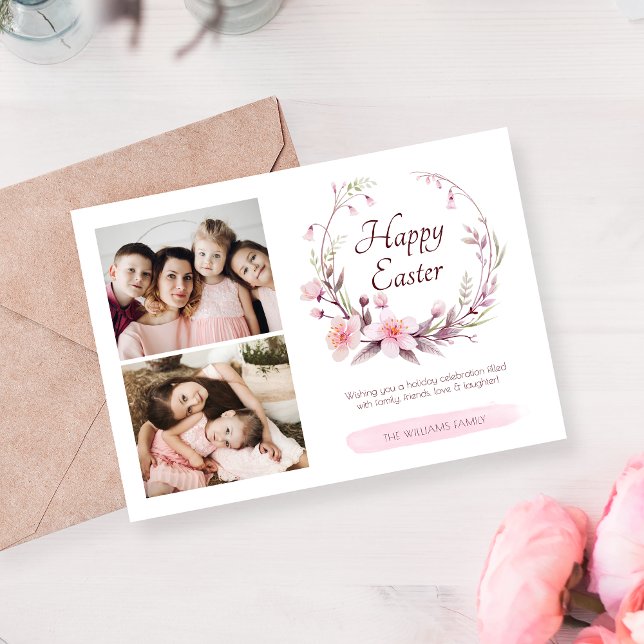 Watercolor Floral Personalized Photo Pink Easter Julkort (Skapare uppladdad)