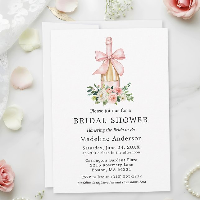 Watercolor Floral Pink Bow Bridal Shower Inbjudningar (Customize to add more text to back of card.)