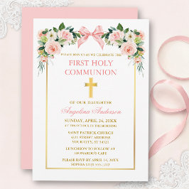 Watercolor Floral Pink Bow Gold Frame Communion Inbjudningar