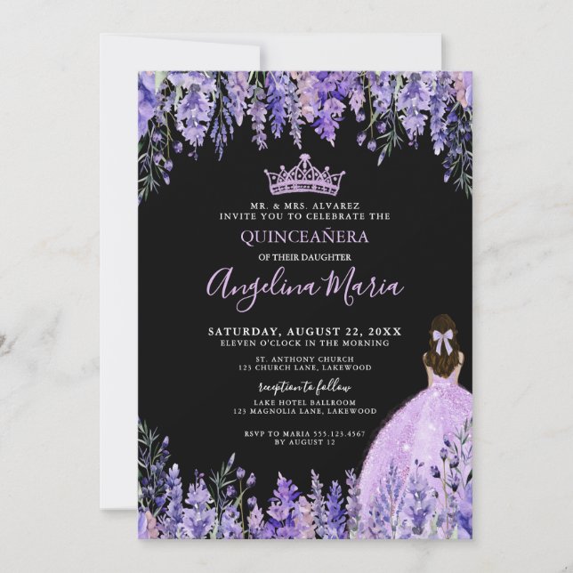 Watercolor Floral Purple Quinceanera Invitation Inbjudningar (Framsida)