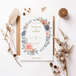 Watercolor Floral Save the Date with Oval Wreath Inbjudningar