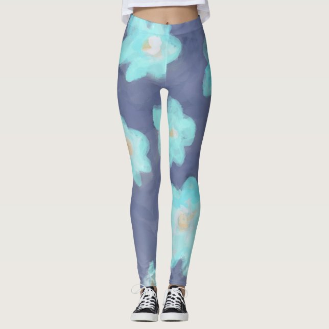 Watercolor floral teal cyan wildflowers navy blue  leggings (Framsida)