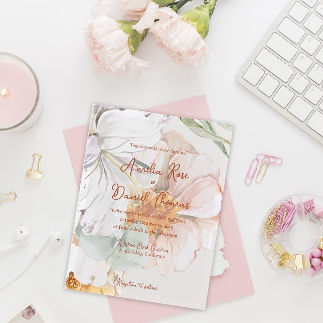 Watercolor Floral Wedding Invitation | Blush Peach Vykort (Watercolor Floral Wedding Invitation | Blush Peach Garden Invite)