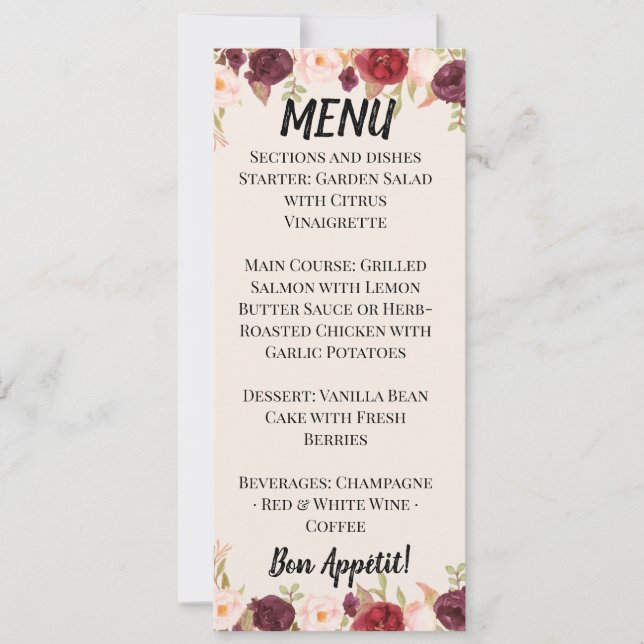 Watercolor Floral Wedding Menu Inbjudningar (Framsida)