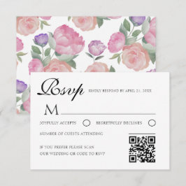 Watercolor Floral Wedding RSVP Card with QR Code OSA Kort