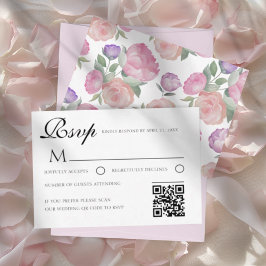 Watercolor Floral Wedding RSVP Card with QR Code OSA Kort