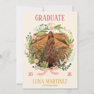 Watercolor Floral Wreath Photo Graduation Inbjudningar