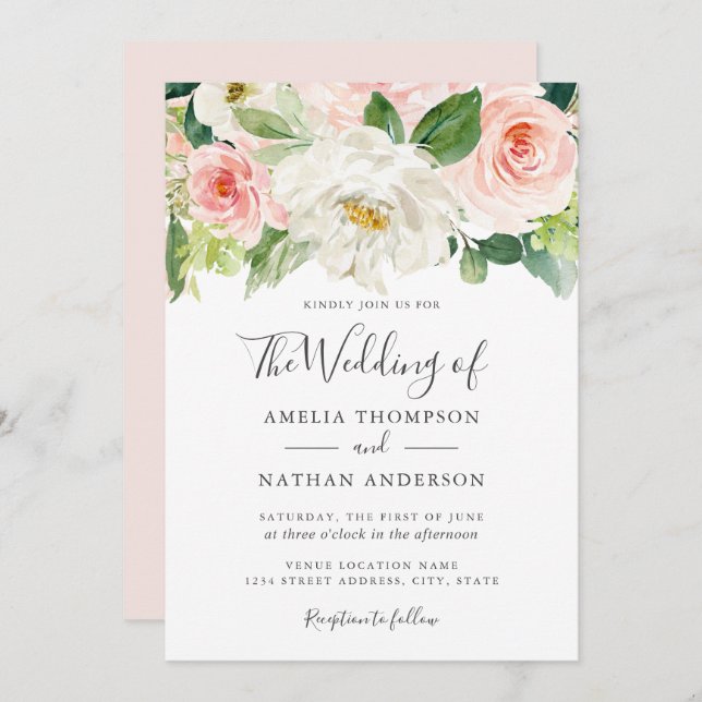 Watercolor Florals Blush Wedding  Invitation Inbjudningar (Fram/baksida)