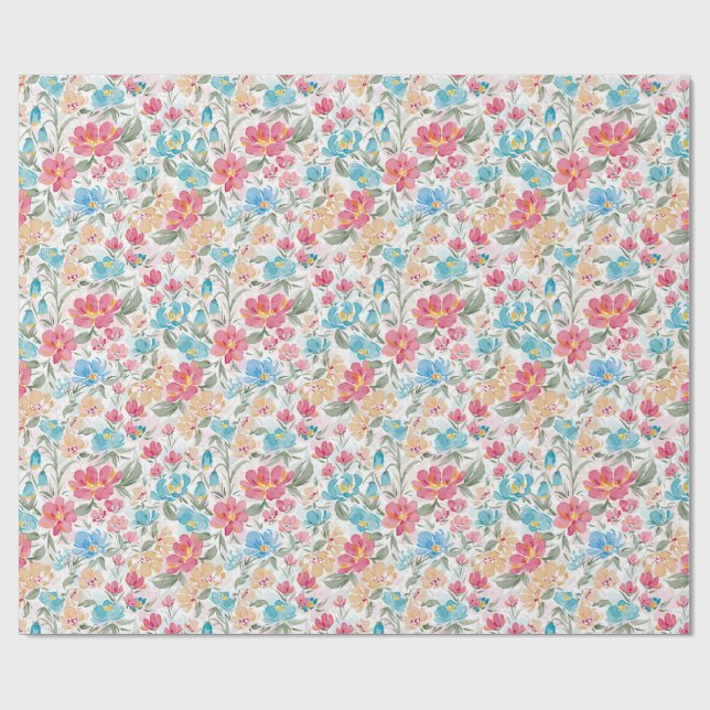 Watercolor Florals in Pink and Blue Presentpapper (Platt)
