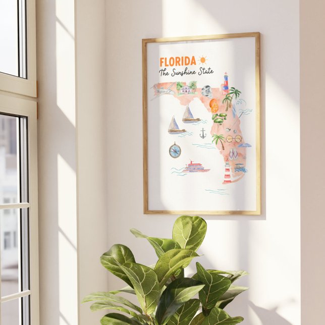 Watercolor Florida State Art Karta Poster (In situ Beside the window)