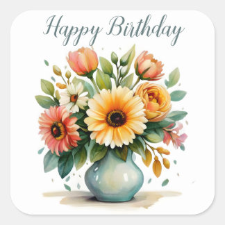 Watercolor Flower Bouquet Birthday Fyrkantigt Klistermärke