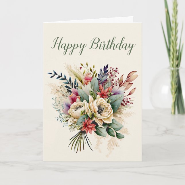 Watercolor Flower Bouquet Birthday Kort (Framsida)