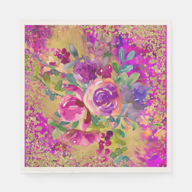 Watercolor Flower Bouquet på Rosa Glitter Pappersservett (Framsidan)