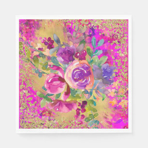 Watercolor Flower Bouquet på Rosa Glitter Pappersservett