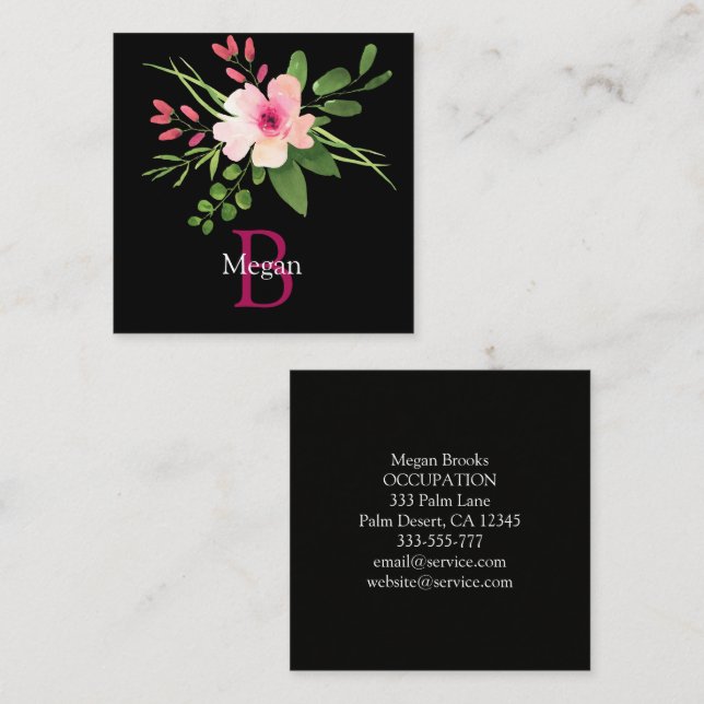Watercolor Flower, Name, Monogram & Info on Black (Fram/baksida)