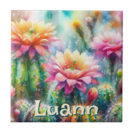 Watercolor Flowering Succulent Cacti Personalized Kakelplatta