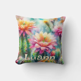 Watercolor Flowering Succulent Cacti Personalized Kudde
