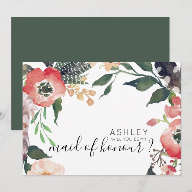 Watercolor Flowers blir min Bridesmaid Namn Inbjudningar (Fram/baksida)