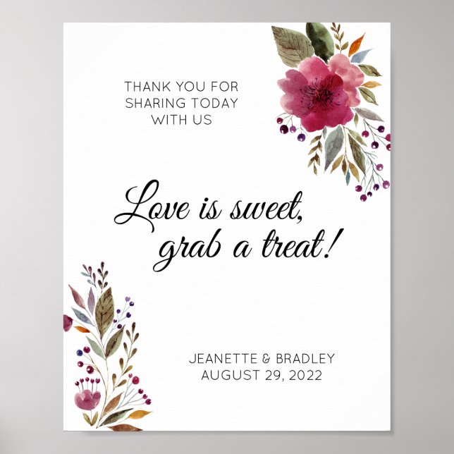 Watercolor Flowers Burgundy Greenery Candy Buffet Poster (Framsidan)