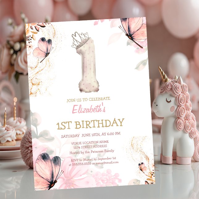 Watercolor Flowers Butterfly Striped 1s Birthday  Inbjudningar (Skapare uppladdad)