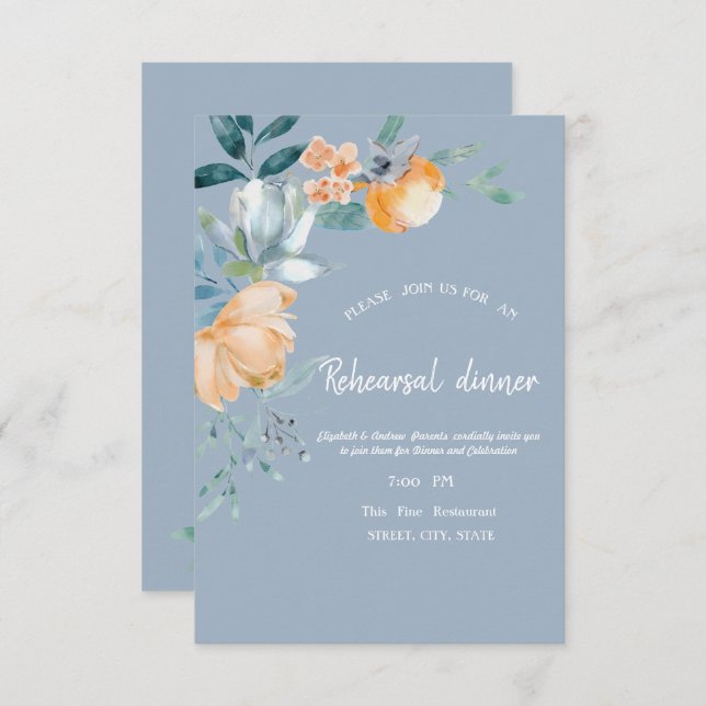 Watercolor Flowers Dusty Blue  Rehearsal Dinner   Inbjudningar (Fram/baksida)